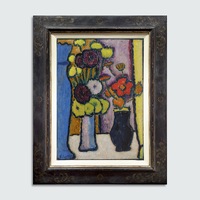 Grosses Stilleben: Dahlien und Chrysanthemen mit Blauer Vase