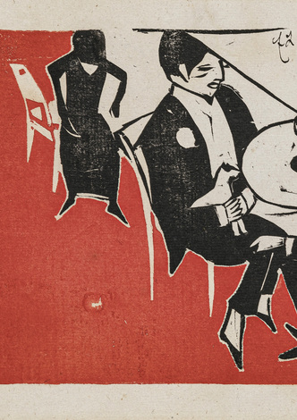 Herr mit Schoßhündchen im Café